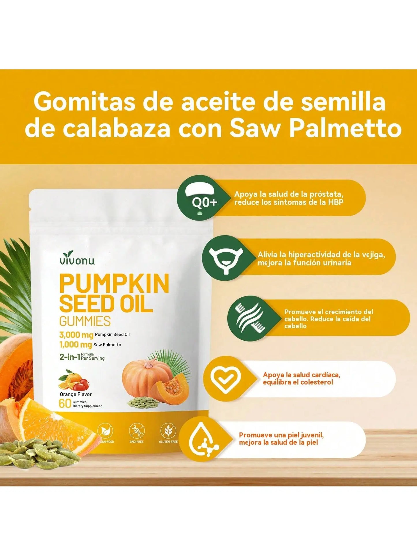 Vivonu Pumpkin Seed Oil Gummies, for Prostate Health, Support for Prostate Hyperplasia.