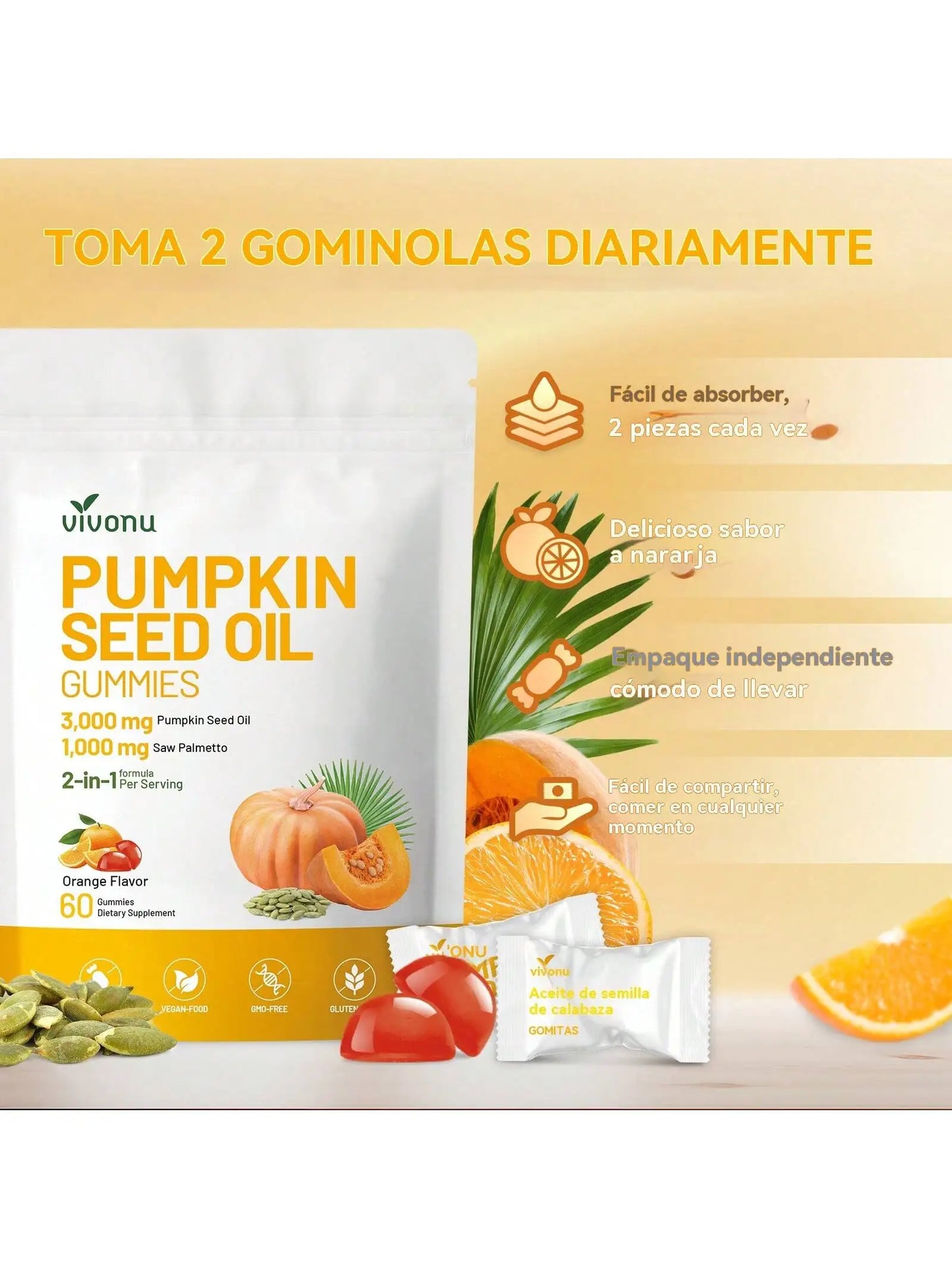 Vivonu Pumpkin Seed Oil Gummies, for Prostate Health, Support for Prostate Hyperplasia.