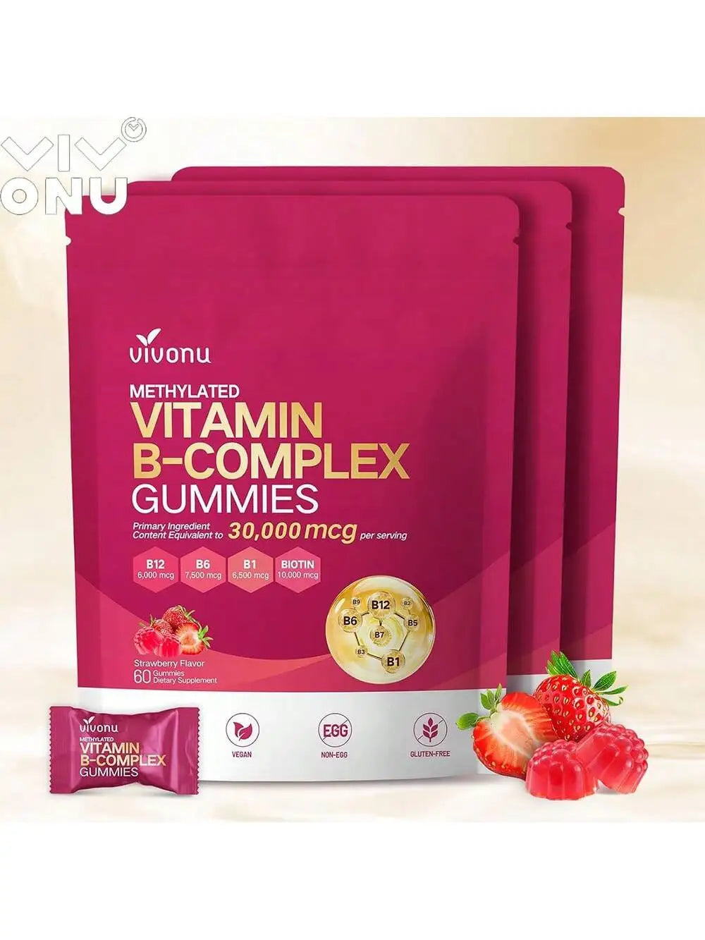 Vivonu Natural IngredientsVitamins B12, B6, B1, B2, B3, B5, A, C, D, E and Folic Acid, Energy Support,