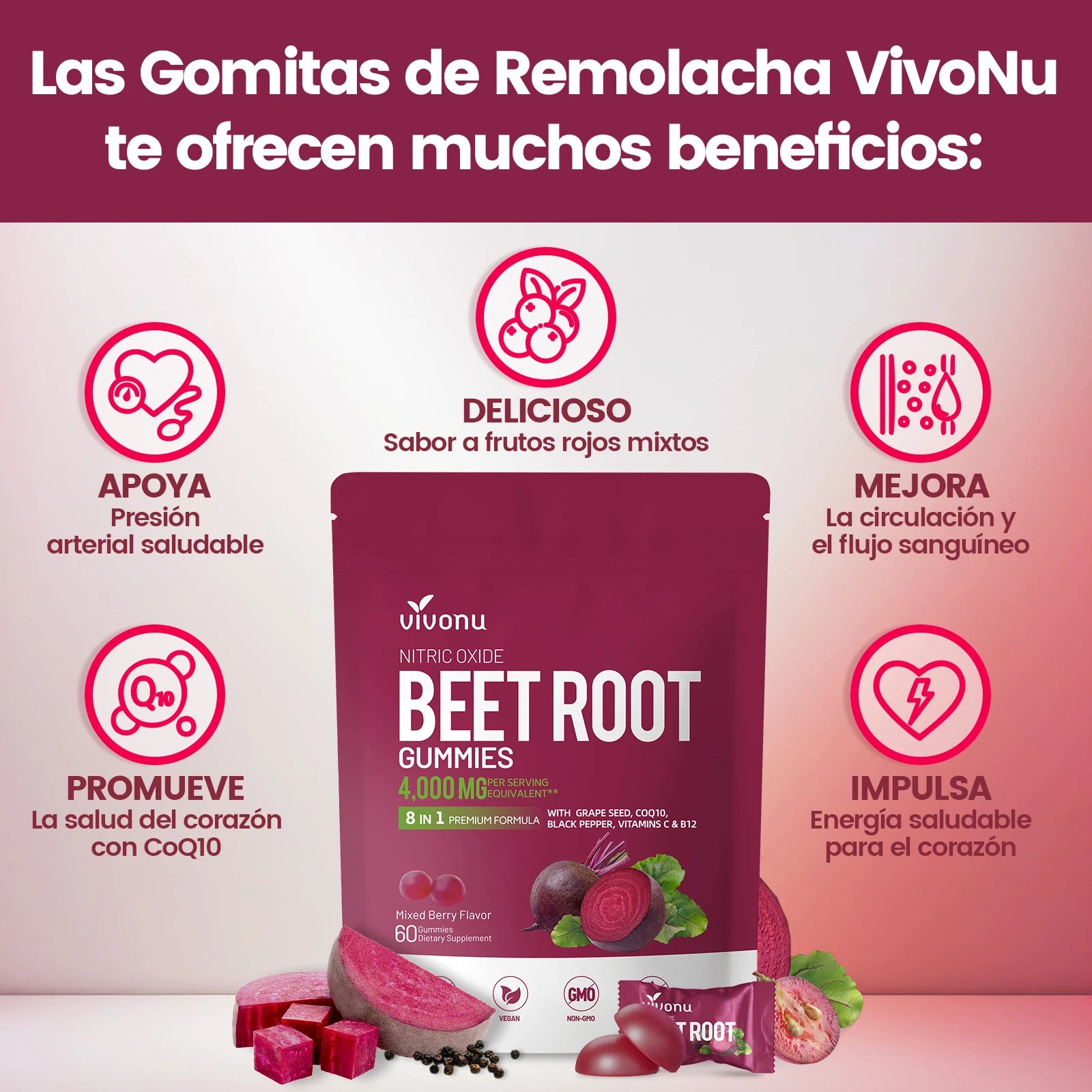 Vivonu Super Beetroot Gummies 8-in-1 Premium Energy Supplement with Coenzyme Q10, Beet Extract, Grape Seed Extract, Black Pepper Extract, Vitamins C and B12,