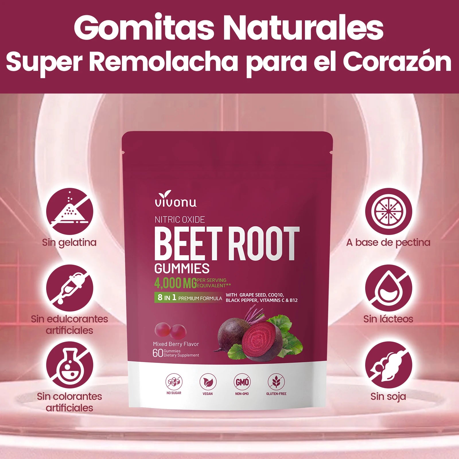 Vivonu Super Beetroot Gummies 8-in-1 Premium Energy Supplement with Coenzyme Q10, Beet Extract, Grape Seed Extract, Black Pepper Extract, Vitamins C and B12,