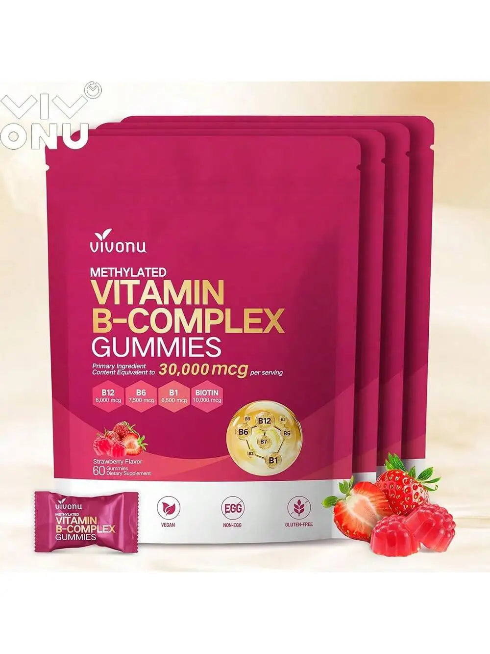 Vivonu Natural IngredientsVitamins B12, B6, B1, B2, B3, B5, A, C, D, E and Folic Acid, Energy Support,