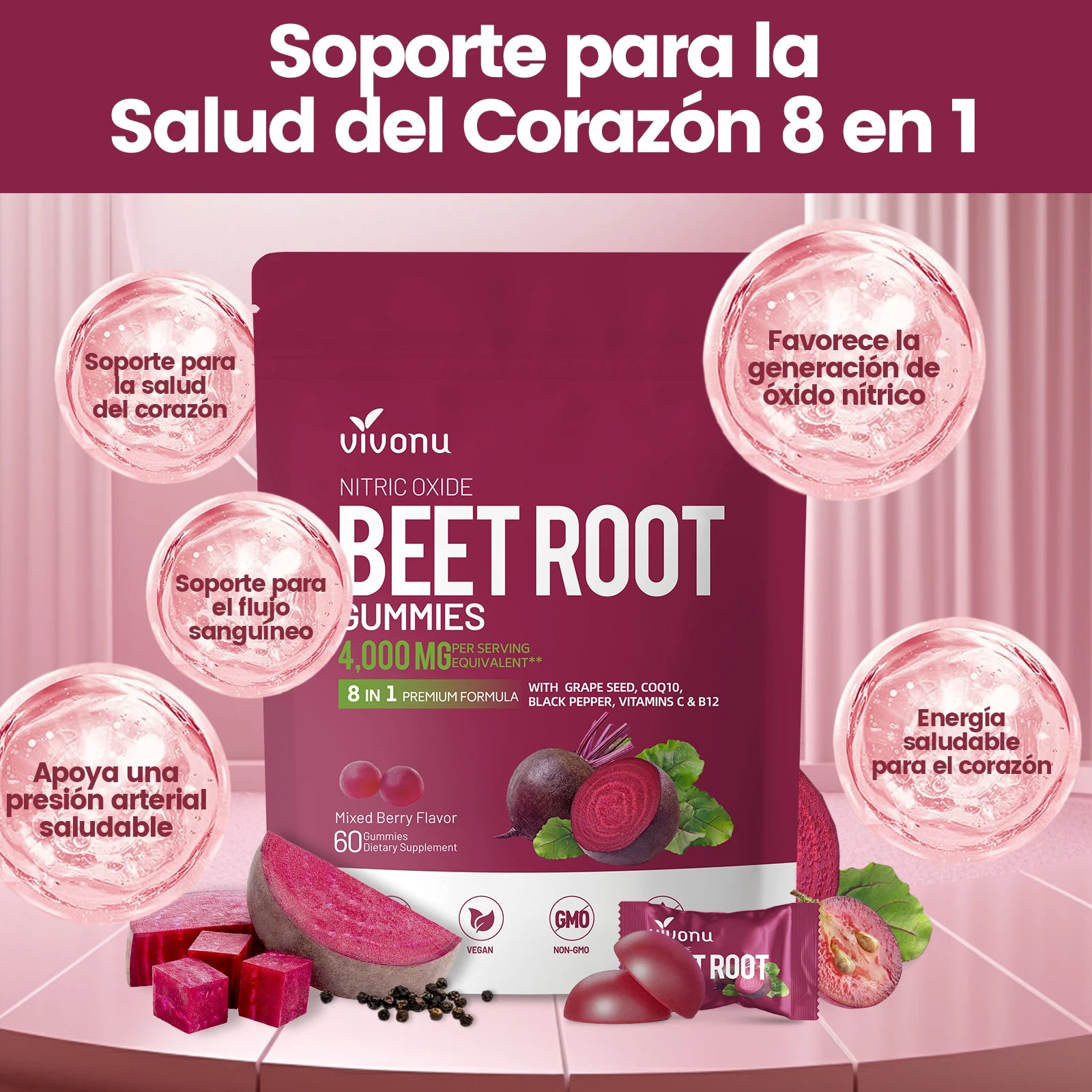 Vivonu Super Beetroot Gummies 8-in-1 Premium Energy Supplement with Coenzyme Q10, Beet Extract, Grape Seed Extract, Black Pepper Extract, Vitamins C and B12,