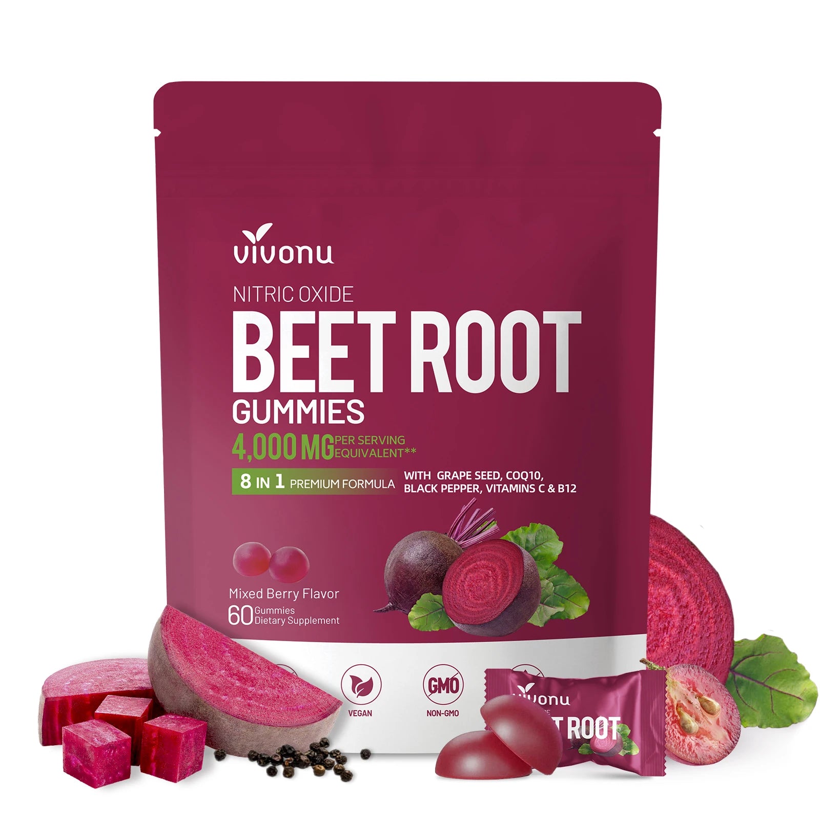Vivonu Super Beetroot Gummies 8-in-1 Premium Energy Supplement with Coenzyme Q10, Beet Extract, Grape Seed Extract, Black Pepper Extract, Vitamins C and B12,