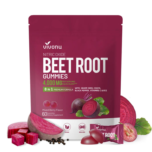 Vivonu Super Beetroot Gummies 8-in-1 Premium Energy Supplement with Coenzyme Q10, Beet Extract, Grape Seed Extract, Black Pepper Extract, Vitamins C and B12,