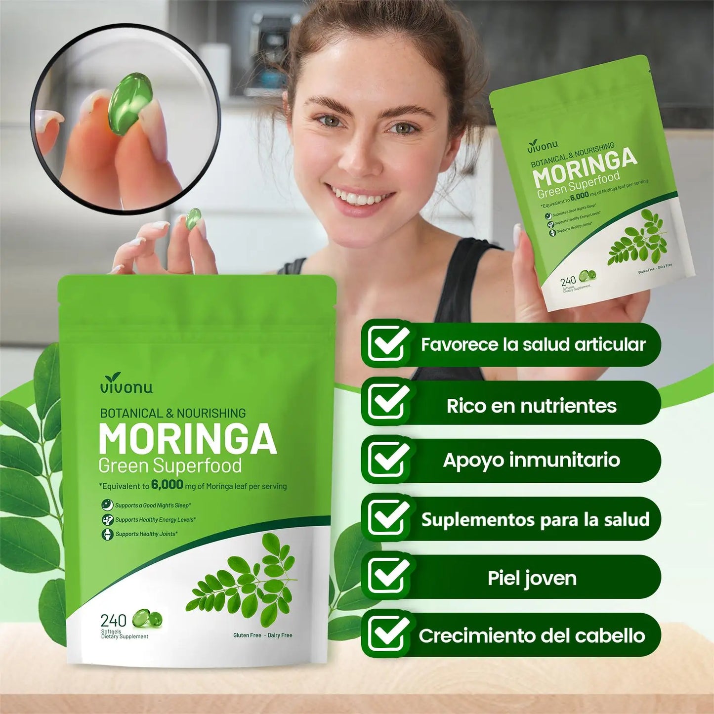 Vivonu Moringa Capsules - Pure Moringa Powder Superfood for Metabolism, Energy, Skin Health, Immunity