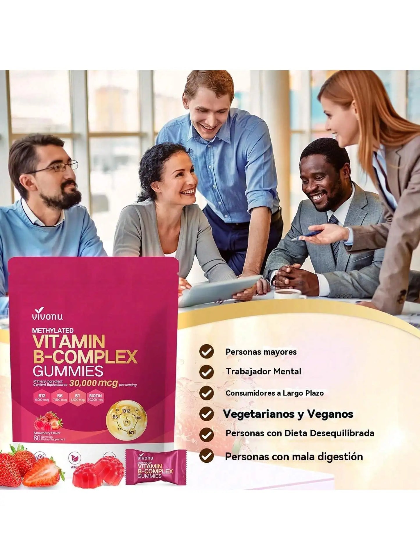 Vivonu Natural IngredientsVitamins B12, B6, B1, B2, B3, B5, A, C, D, E and Folic Acid, Energy Support,