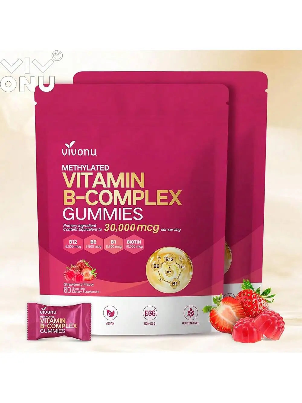 Vivonu Natural IngredientsVitamins B12, B6, B1, B2, B3, B5, A, C, D, E and Folic Acid, Energy Support,