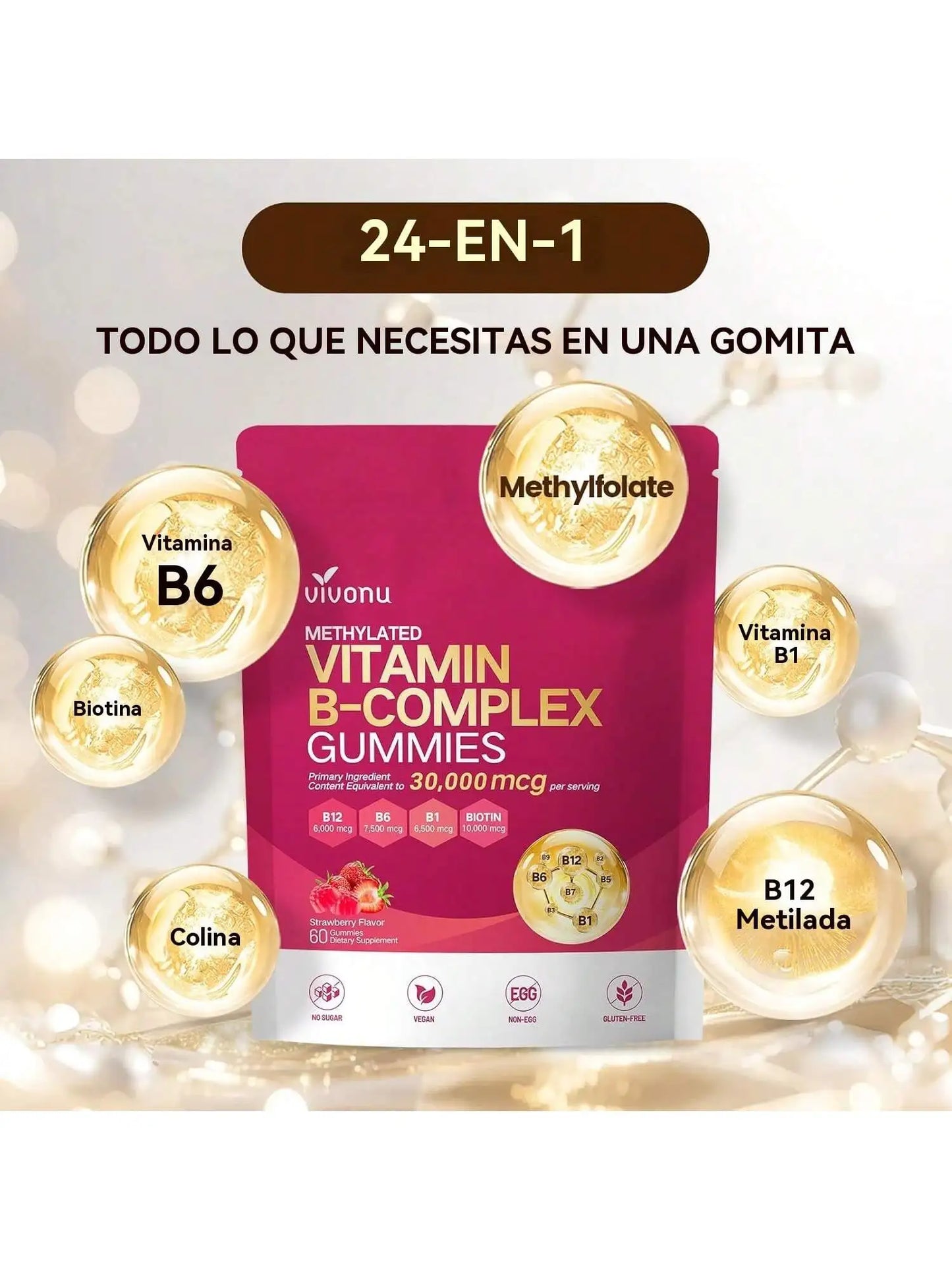 Vivonu Natural IngredientsVitamins B12, B6, B1, B2, B3, B5, A, C, D, E and Folic Acid, Energy Support,