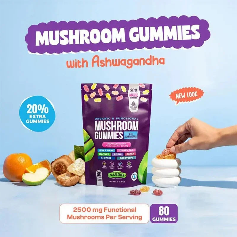 Mushroom Gummies with Ashwagandha & Lions Mane Immune Support & defense, Brain Boost, Vegan