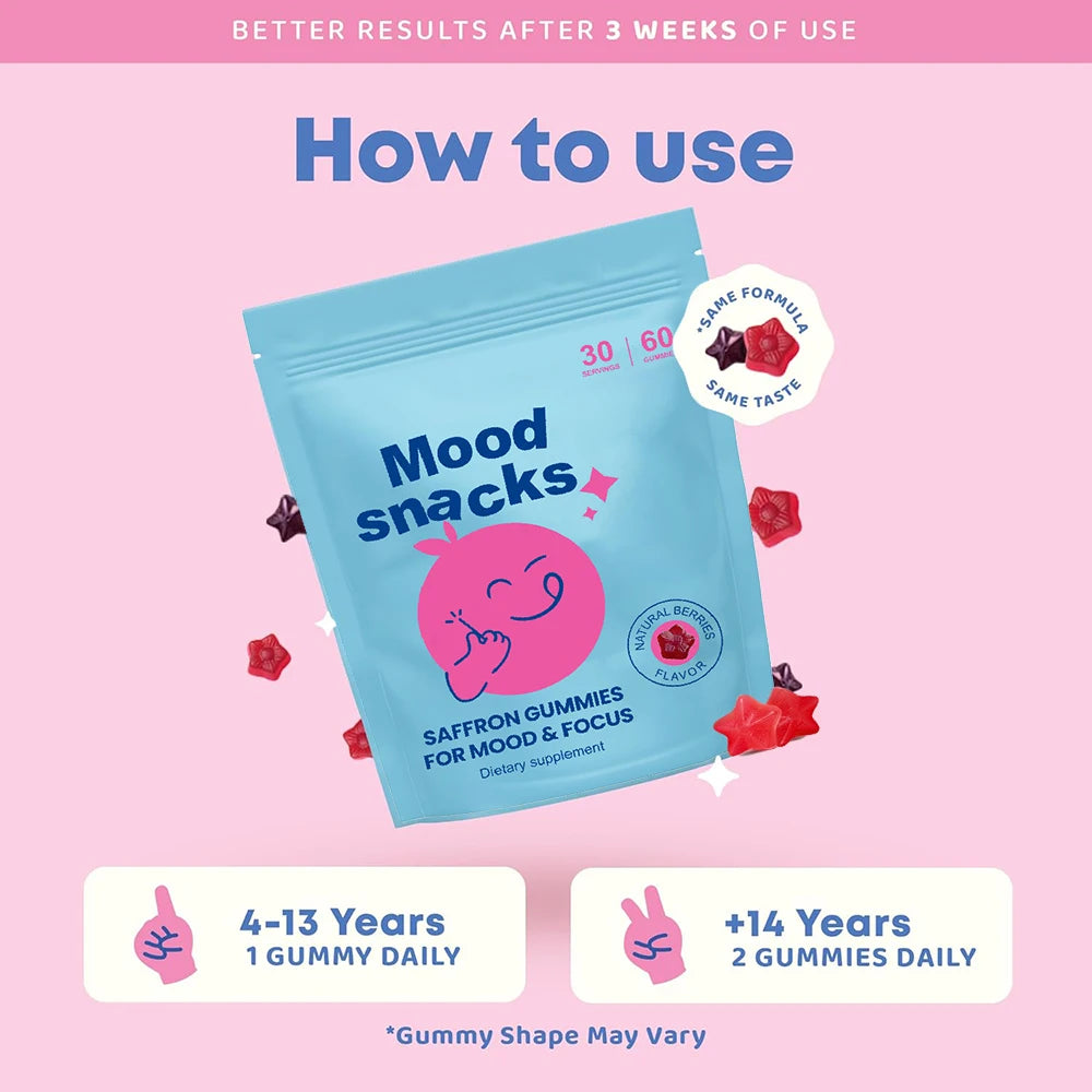 Mood Snacks - Kids Saffron Gummies, Natural Berries Supplements Offer Mood Support and Calms Temper Tantrums