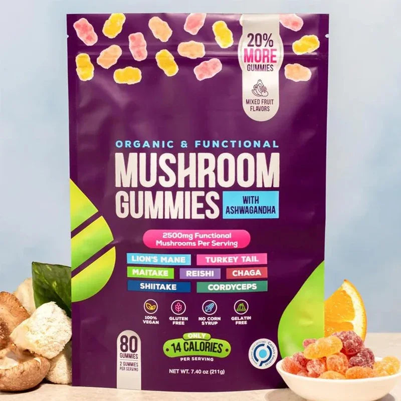 Mushroom Gummies with Ashwagandha & Lions Mane Immune Support & defense, Brain Boost, Vegan