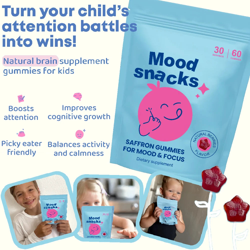 Mood Snacks - Kids Saffron Gummies, Natural Berries Supplements Offer Mood Support and Calms Temper Tantrums