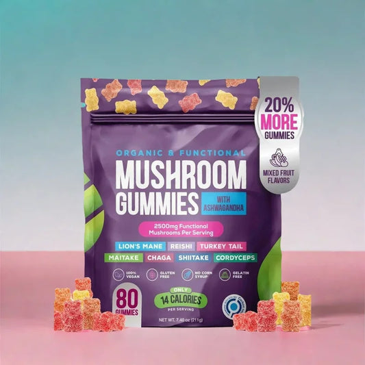 Mushroom Gummies with Ashwagandha & Lions Mane Immune Support & defense, Brain Boost, Vegan