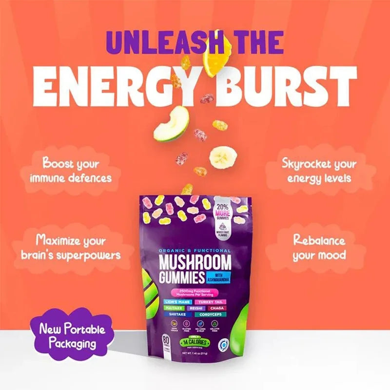 Mushroom Gummies with Ashwagandha & Lions Mane Immune Support & defense, Brain Boost, Vegan