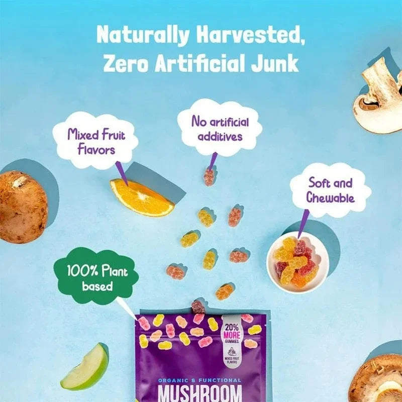 Mushroom Gummies with Ashwagandha & Lions Mane Immune Support & defense, Brain Boost, Vegan