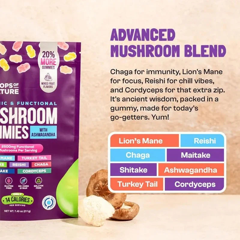 Mushroom Gummies with Ashwagandha & Lions Mane Immune Support & defense, Brain Boost, Vegan