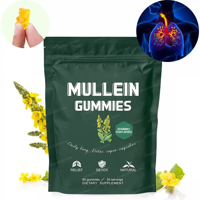 Mullein Gummies for Lung Detox Respiratory & Digestive & Immune Support Organic Mullein Herbal Supplement for Mucus Relief